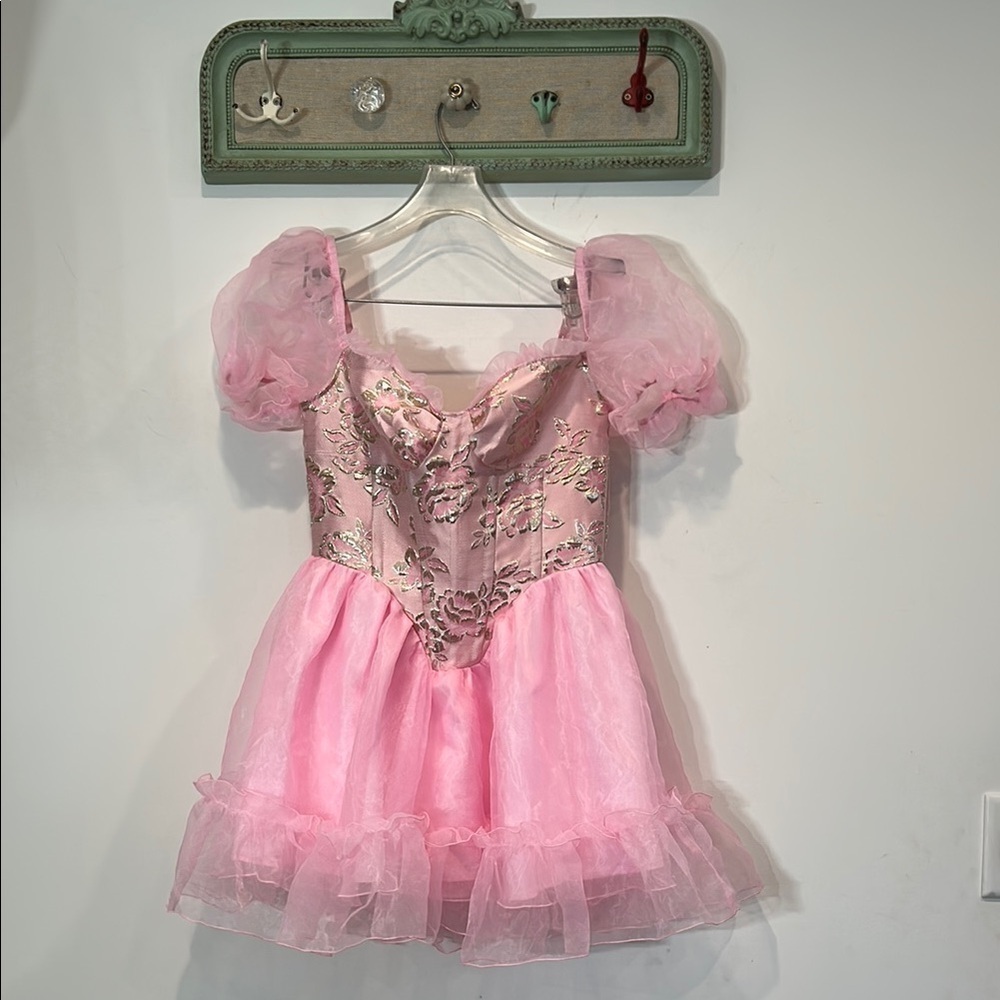 Brand New regal brocade metallic a line mini dress tea party pink gold medium